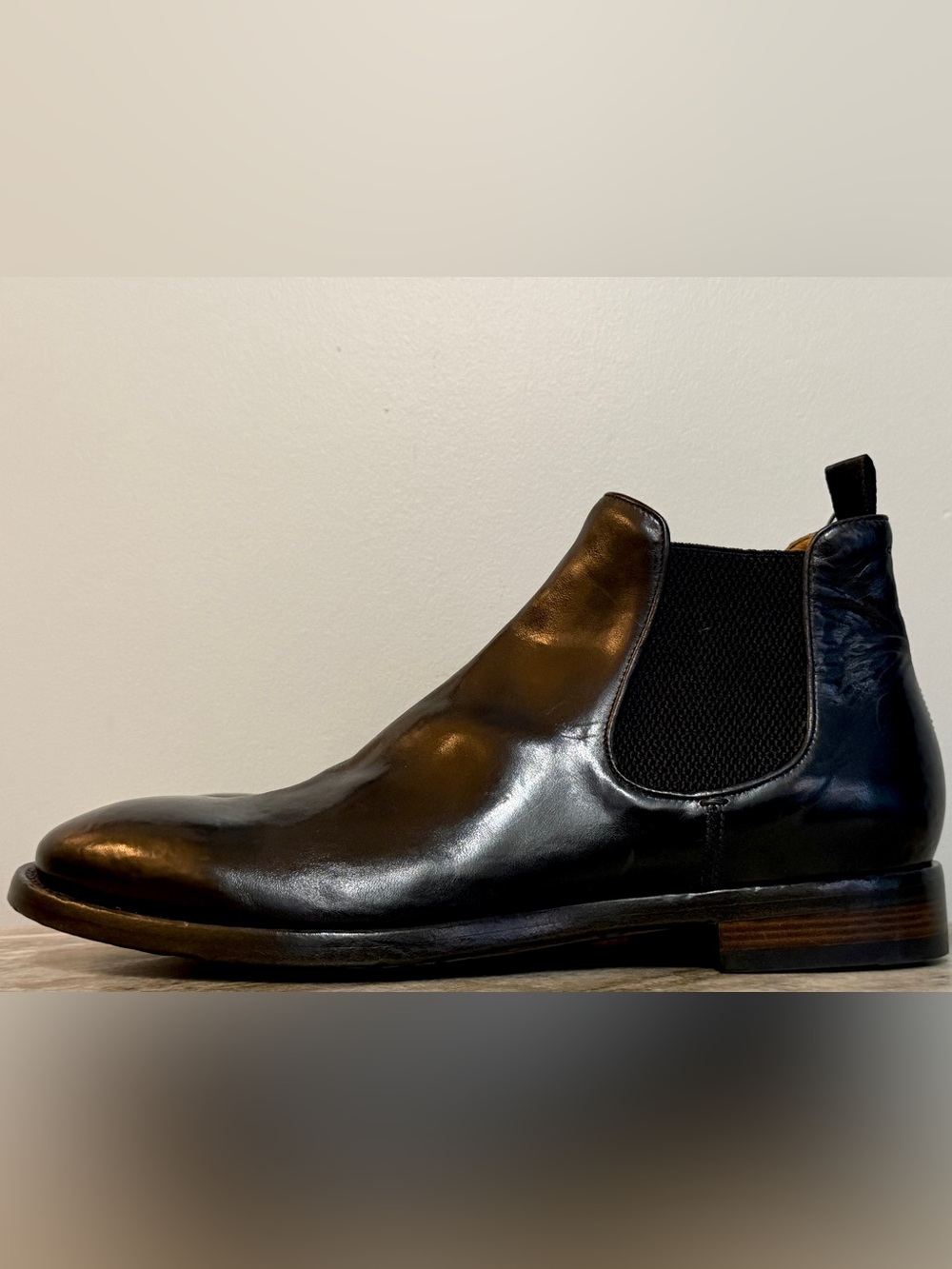 OFFICINE CREATIVE Chelsea Boots Black Leather Ankle Boot 44/11 US Shiny
